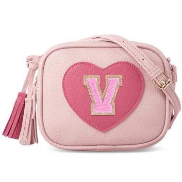 Imagem de Bolsa infantil de coração, presente de aniversário para meninas, linda bolsa de couro infantil, bolsa transversal pequena, bolsa personalizada com letras iniciais, Rosa - rosa, V