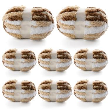 Imagem de 8 fios grossos para tricotar à mão - fio grosso de chenille para crochê - fio fofo para crochê - fio jumbo para tricotar à mão 227 metros 1,746 g de fio super volumoso (Cáqui-Curry-White)