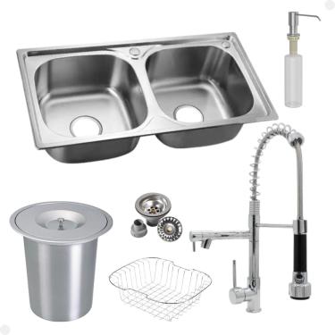 Imagem de Kit Cuba Dupla Inox + Acessórios Com Torneira Gourmet Monocomando Flexível Preta Acabamento Cromada E Lixeira de Embutir 5 Litros