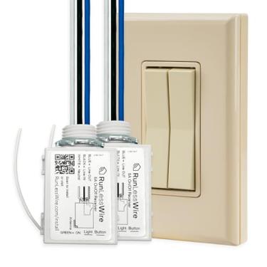 Imagem de RunLessWire Kit de interruptor de luz sem fio sem bateria com controle remoto de alcance RF de 45,7 m, autoalimentado pela Kinetic Energy, instalação DIY para ventilador e luz: 2 receptores liga