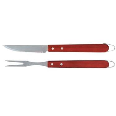 Imagem de Conjunto Faca e Garfo Trinchante Churrasco Cabo Madeira Mor