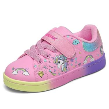 Imagem de GEERX Tênis esportivo esportivo leve infantil unicórnio casual com tira ajustável antiderrapante confortável para corridas de caminhada (bebês/crianças/crianças), Rosa, azul, 7 Toddler