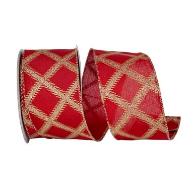 Imagem de Reliant Ribbon Fita de borda com fio com glitter natural champanhe treliça, vermelha