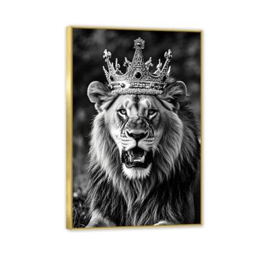 Imagem de Arte de parede com imagem de leão coroa decoração de parede pôster preto e branco impressão de arte moderna em tela emoldurada para sala de estar quarto 90 x 60 cm (36 x 24 pol) moldura dourada