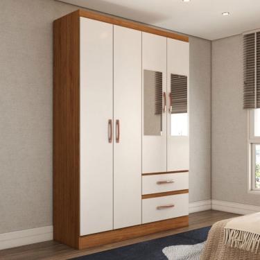 Imagem de Guarda-Roupa Solteiro São Francisco 4 Portas 2 Gavetas com Espelho Off White/Nogueira - Panorama Móveis