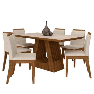 Imagem de Mesa Málaga 1,6 Com 6 Cadeiras Estofadas Freijó/off/suede Bege - M.a Freijó/off Premium/bege