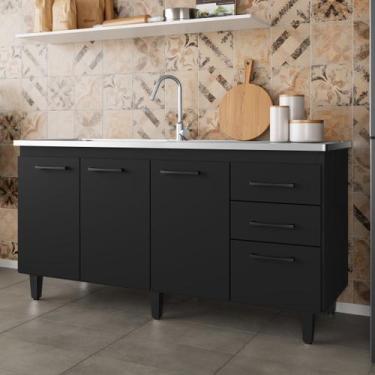 Imagem de Balcão de Pia Cozinha 160cm Maisa 3 Portas 3 Gavetas sem Tampo Preto -