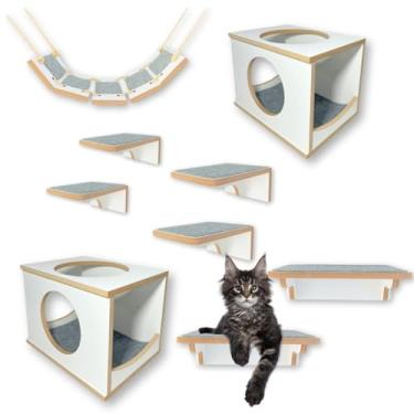 Imagem de Playground Para Gatos 9Pçs Acabamento Premium Já Montado Com Kit Fixação e Carpete Antiderrapante (Branco)
