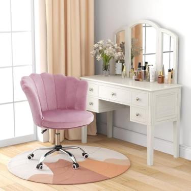 Imagem de Nightcore Cadeira de Mesa Estofada, Giratória Ajustável de Altura, Confortável, com Encosto Ergonômico de Pétala e Base de Metal Resistente de 5 Garras, Rosa, para Leitura, Escrita e Maquiagem