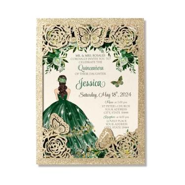 Imagem de DORIS HOME 50 peças de convites de borboleta dourada com glitter para quinze anos, 15 anos, doce 16, Miss XV, 13 cm x 18 cm cartões de convite de aniversário de marmelo cortados a laser (não inclui