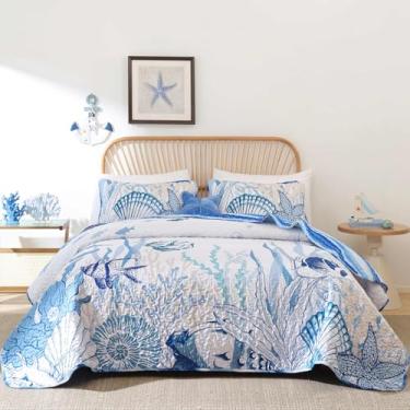 Imagem de Djoymock Colchas costeiras Queen Size 3 peças, edredom de microfibra reversível, oceano com 2 fronhas, conjunto de cama náutico, colcha de praia, verão, leve, conjunto de edredom para todas as