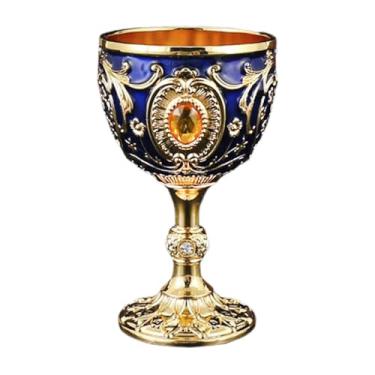 Imagem de YWJLQH Taça de água em, copo retrô decorativo com strass, mini cálice de metal para vinho, para amantes de bar, lembrancinha de festa, Azul Profundo Dourado