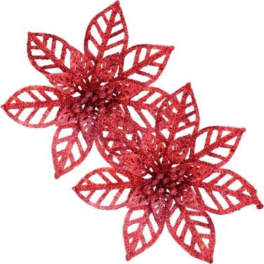 Imagem de Kit 20 Flores Gliter Vermelha Decoração Árvore De Natal 14cm