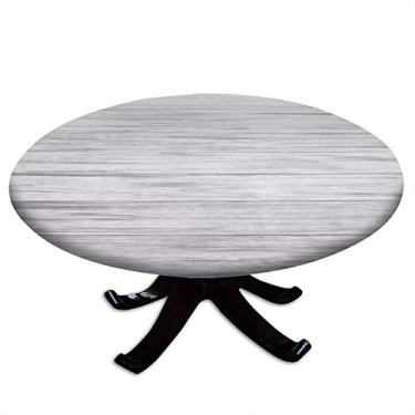 Imagem de Toalha de mesa redonda de madeira com borda elástica, estampa de textura de prancha de madeira, design de impressão 3D, pano de decoração de mesa, festa de buffet e acampamento, adequada para mesa de