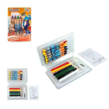 Imagem de Kit Escolar Hero Squad, 18 Peças, 6 Lápis de Cor, 6 Gizes de Cera, 4 Desenhos para Colorir, Apontador e Borracha