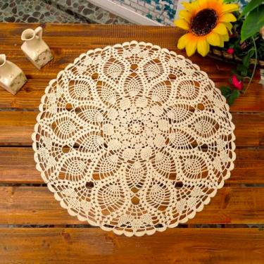 Imagem de golo Toalha de mesa de renda de crochê feita à mão de algodão com sobreposição bege, redonda, 23 polegadas, 60 cm