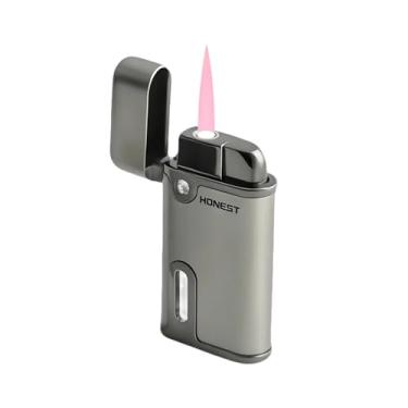 Imagem de Isqueiro de tocha de butano com luz de janela elegante caixa de presente recarregável a gás à prova de vento com chama vermelha única (cinza)