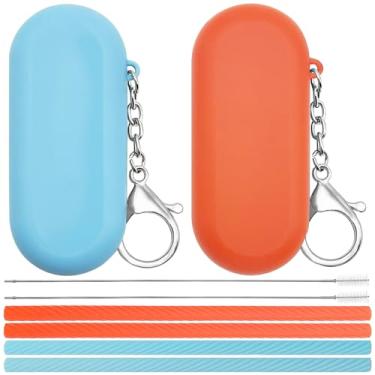 Imagem de Canudos de silicone reutilizáveis, 2 conjuntos de canudos reutilizáveis com estojo para navio de cruzeiro, 4 canudos padrão, 2 bolsas de transporte, 2 escovas de limpeza, canudo de viagem portátil