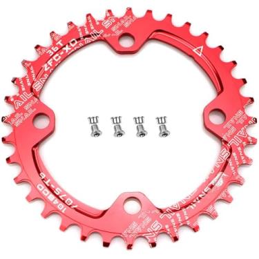 Imagem de CYSKY Anel de corrente estreito largo 104BCD 32T 34T 36T 38T 4 parafusos bicicleta única corrente para 9 10 11 velocidade, perfeito para bicicleta Road Bike Mountain Bike BMX MTB Fixie Track Fixed-Gear Bicycle (redondo, vermelho), 36T, 36T