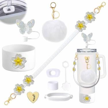 Imagem de Conjunto de 9 peças de acessórios para copos Stanley, incluindo alça ajustável para garrafa de água, bota de silicone, capa de cobertura de canudo de silicone, plugue antiderramamento, pingentes fofos