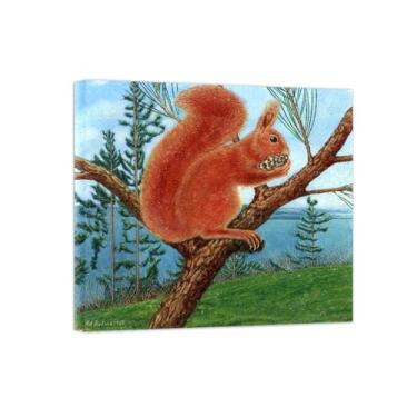 Imagem de Pinturas Famosas Arte Parede-Imagens em Tela-Squirrel on Pine Branch-Pôster e Impressões para Sala de Estar Quarto Casa 20x25cm8x10in Tela Embrulhada