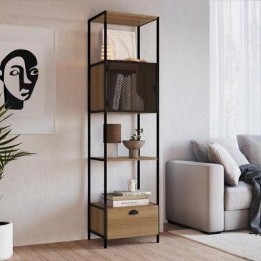 Imagem de Estante para Livros Industrial Retrô Alta 1 Porta 1 Gaveta Madeira/Aço