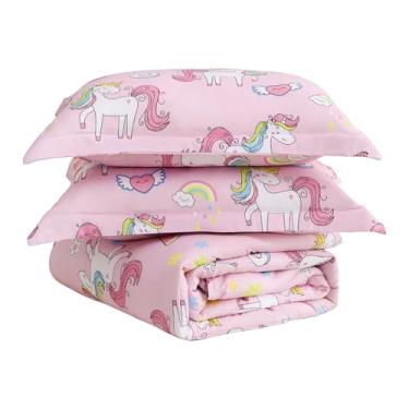 Imagem de Yibeizi Conjunto de edredom de unicórnio rosa para meninas, solteiro, arco-íris, doce, com fronha, fofo, leve, macio, respirável, lavável na máquina, conjunto de 2 peças