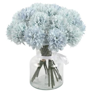 Imagem de INSUNSIX 15 peças buquê de flores artificiais de crisântemos, azul claro, para mães falsas com hastes curtas, flores de seda sintética para casamento, buquê de casamento, decoração de outono, mesa de