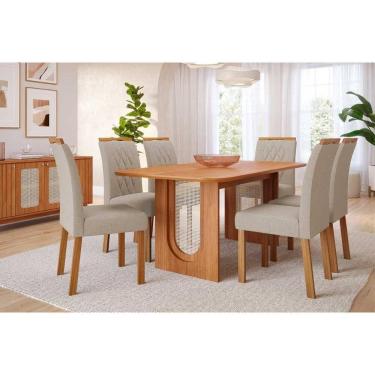 Imagem de Conjunto: Mesa Sala Jantar Valentina Tampo Madeirado 180x90cm e 6 Cadeiras Juliana Cinamomo - Carvalho/Suede Nude Bege - Cimol