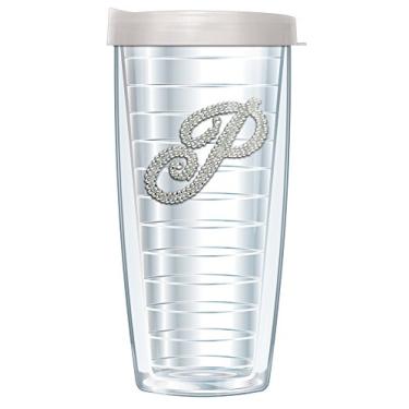 Imagem de FREEHEART Carta de strass prata em copo isolado transparente com tampa de viagem - Isolamento térmico de parede dupla - Iniciais de monograma brilhantes brilhantes (473 ml, P)