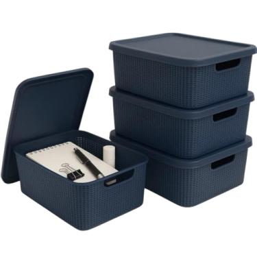 Imagem de Kit 4 Caixas Organizadoras 5 Litros Tampa Empilhável Textura Juta Plástico Resistente Multiuso Roupas Brinquedos Documentos (Azul Marinho)