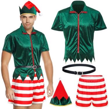 Imagem de Jecery Conjunto de 4 peças de fantasia masculina sexy de elfo verde top listrado shorts chapéu cinto para eventos de Natal - tamanho (M)