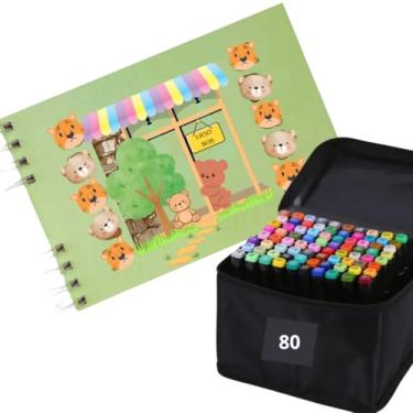 Imagem de Livro de colorir Urso Bob Verde + 80 Canetas Coloridas ponta Dupla - Canetimhas coloridas - livro de colorir capa dura folha grossa 180g n�o vasa