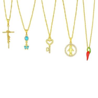 Imagem de KIT 5 COLARES VARIADOS, Colar Corrente Correntinha Feminina Banhado a ouro 18k Banho paládio antialérgico Dourado;