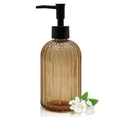 Imagem de Dispensador de sabão de vidro âmbar de 400 ml com bomba preta – Recarregável para sabonete, sabonete, loção, adequado para cozinha, banheiro e lavanderia