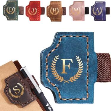 Imagem de Marcador de livro personalizado com suporte de caneta, marcador magnético de couro, 26 letras, presentes para amantes de livros, leitores, marcadores de livro de couro para homens e mulheres (azul, F)