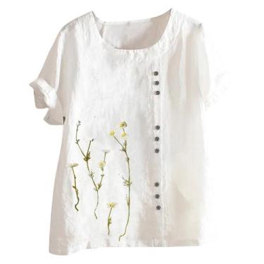 Imagem de Camiseta feminina estampada manga curta gola redonda algodão linho top