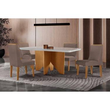 Imagem de Conjunto Sala de Jantar Nevada c/ Tampo Madeirado c/ Vidro Canto Curvo 120x80cm e 4 Cadeiras Dakota Madeira Maciça Naturale/Off White - Capuccino/Cora