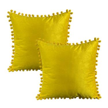 Imagem de Capa de almofada de veludo com franjas, pompons, 45 x 45 cm, amarela, pacote com 2