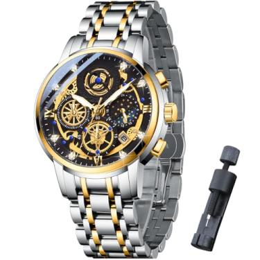 Imagem de ZUNPAI Relógios masculinos de luxo com fases da lua, relógio de pulso masculino clássico para negócios, quartzo, analógico, à prova d'água, com mostrador de vidro de safira árabe luminoso, calendário