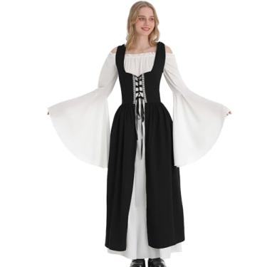 Imagem de Vanderdyken 7 peças de vestidos renascentistas para mulheres, fantasia medieval com orelhas de elfo, colar, cinto de couro e coroa de flores (preto + branco, pequeno/médio)