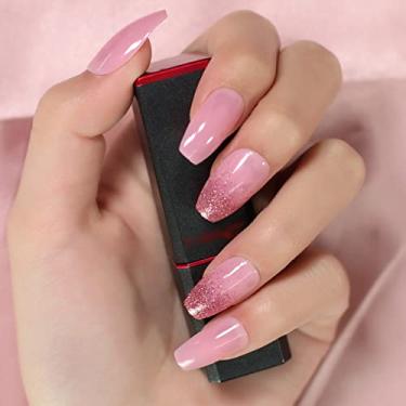 Imagem de Pregos de pressão franceses com glitter rosa brilhante comprimento médio caixão acrílico unhas postiças reutilizáveis pontas de arte de unhas falsas