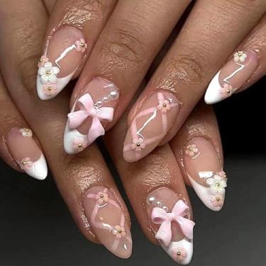 Imagem de Unhas postiças de amêndoa média francesa branca com design de laço de flor 3D pérolas unhas postiças cobertura completa cola artificial em unhas colada nas unhas para mulheres, manicure faça você