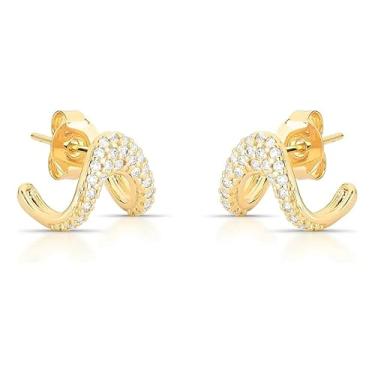 Imagem de Guymy Brinco Assimétrico Folheado a Ouro 18K, Cravejado com Zircônias, Design Orgânico, 1.4x1.3cm, Liga de Latão, Hipoalergênico