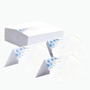 Imagem de Rowcay 200 cartões de casamento florais azuis, cartões de identificação de barraca floral azul 10 x 9 cm, cartões de mesa dobráveis para impressão, cartões de nome, cartões de acompanhantes para