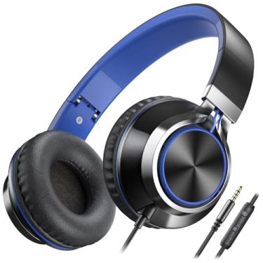 Imagem de Fones de ouvido com fio AILIHEN C8 supra-auriculares com microfone e controle de volume, estéreo, dobrável com fio de 3,5 mm para smartphones, laptop, computador, tablets, viagens (preto/azul)
