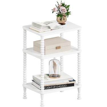 Imagem de Lifenite Mesa lateral, mesa de canto pequena de 3 níveis, mesa de destaque alta com prateleira de armazenamento para espaços pequenos, quarto, sala de estar, casa de fazenda, branca