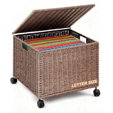 Imagem de Cinnvoice Grande caixa de arquivo decorativa de algas marinhas organizador de arquivos de vime para carta e tamanho ofício, cesta de arquivo suspensa com tampa, pasta de documentos, gabinete doméstico