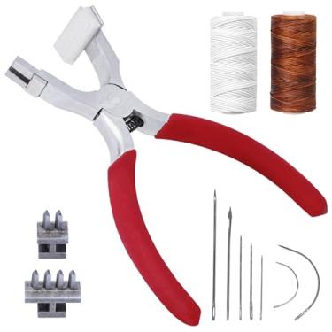 Imagem de LUMINFLY Conjunto de ferramentas de artesanato de couro DIY, kit de alicates de costura de aço, 2 pinos e 4 pinos, 7 agulhas de costura manual, 2 carretéis de linha, ideal para reparo de couro