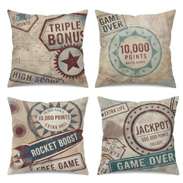 Imagem de UZFNY Conjunto de 4 capas de almofada decorativas retrô para jogo de pinball, vintage de linho branco, dupla face, 45,7 x 45,7 cm, rústico, casa, sofá, quarto, decoração
